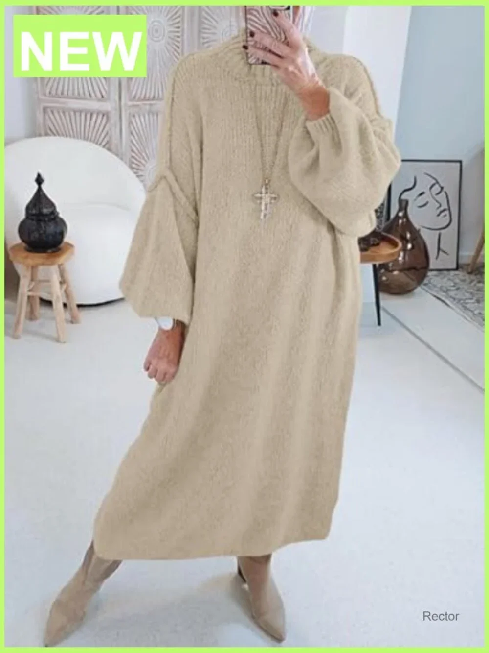 Oversized Chunky Knit Sweater Dress Mock Neck Long Sleeve Maxi Fall Winter - Picture 2 of 7